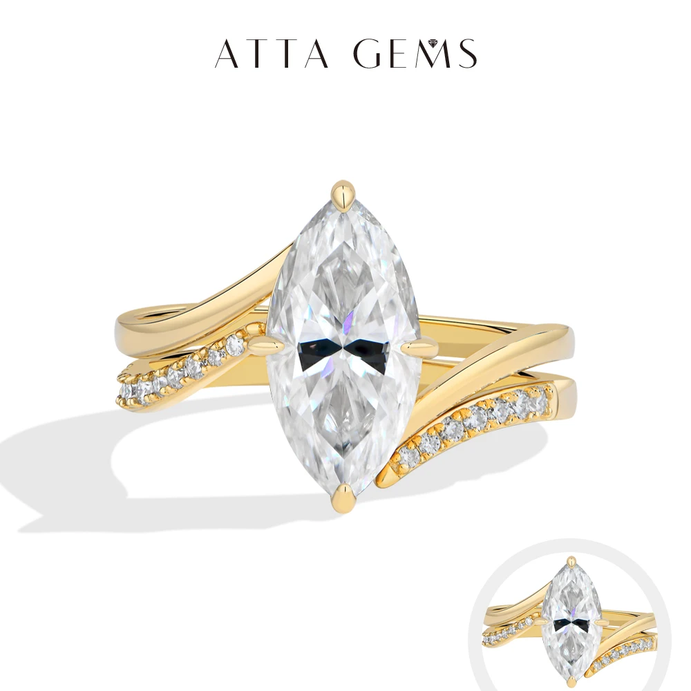 ATTAGEMS Luxury Marquise Cut Moissanite Stacking Rings S925 Silver Split Shank Engagement Band Women Bridal Sets Wedding Jewelry