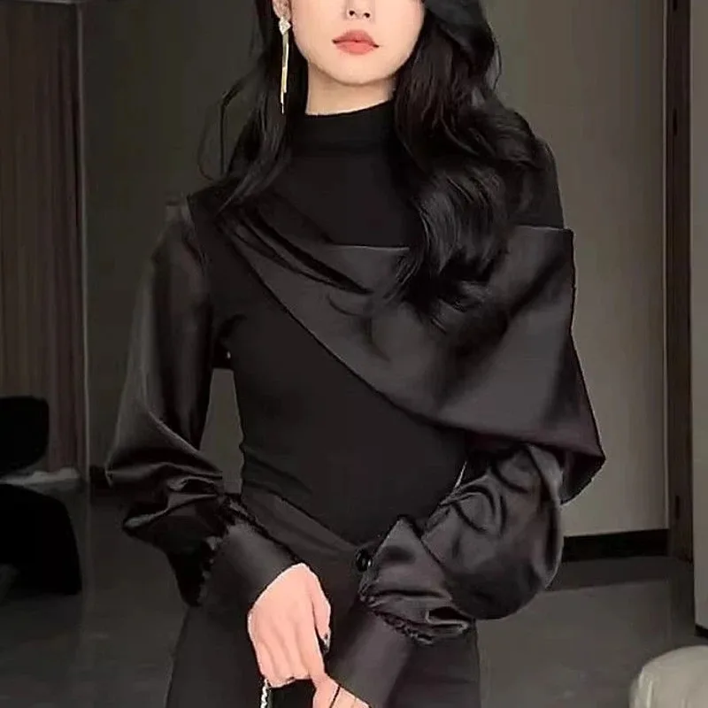 

Women Stylish French Luxury Chic Half High Collar Blouses Office Lady Elegant Business Casual Shirts Black Long Sleeve Slim Tops