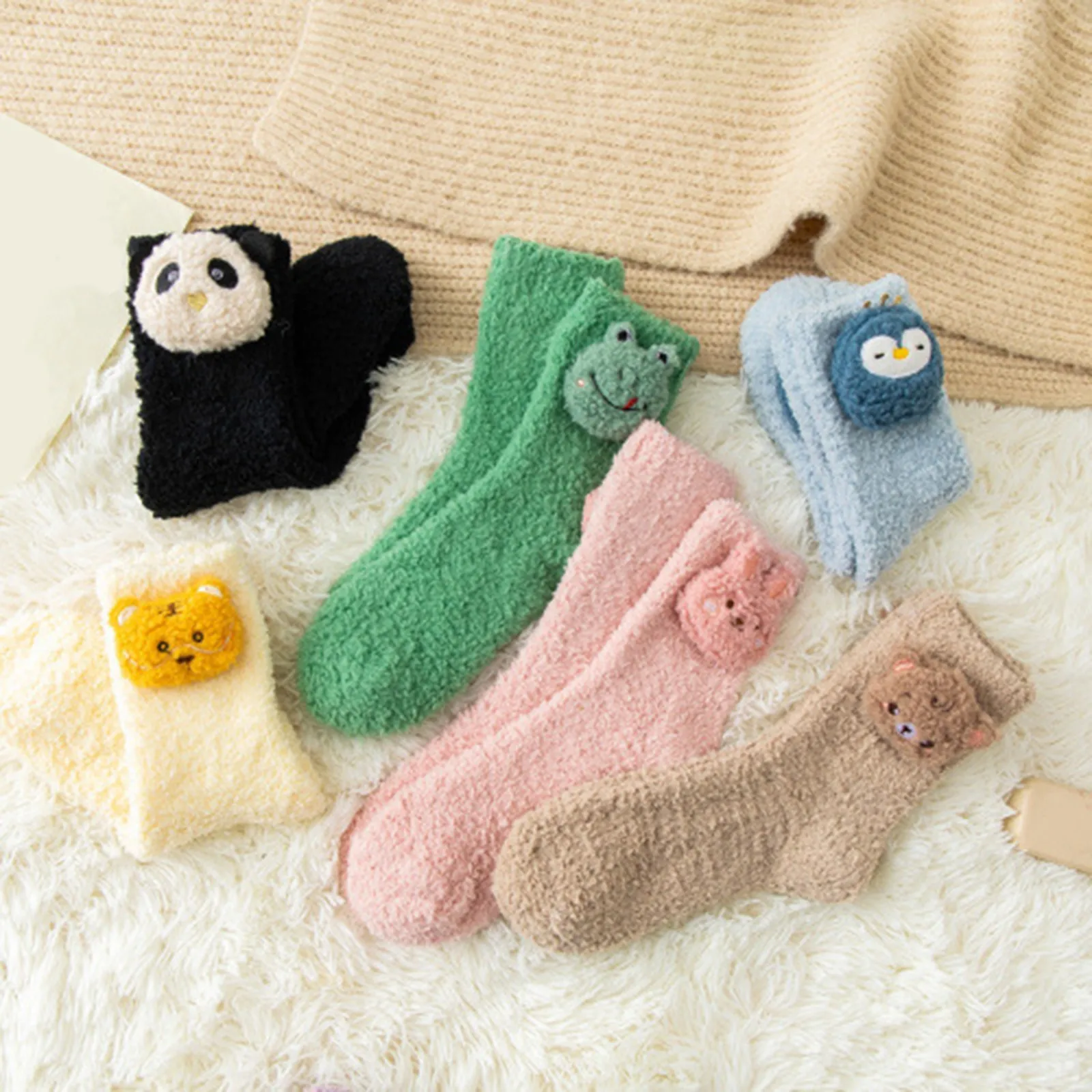 Lovely Frog Socks Autumn And Winter Plush Thickened Warm Middle Tube Animals Socks Cat Panda Sleeping Socks Home Floor Socks