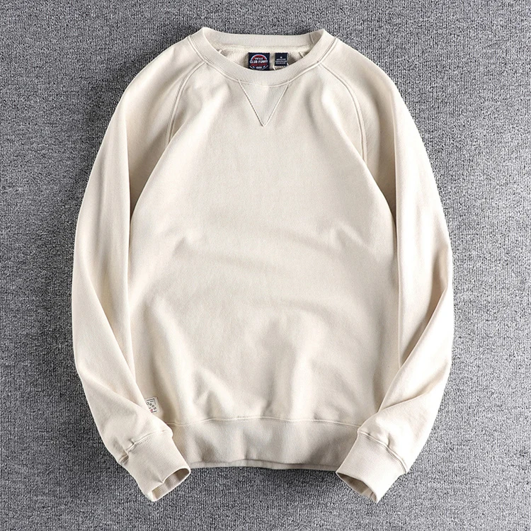 1561# Spring Autumn New 360g American Retro Solid Color Sweatshirts Men's Simple 100% Cotton Washed Pullover Casual Sportwear
