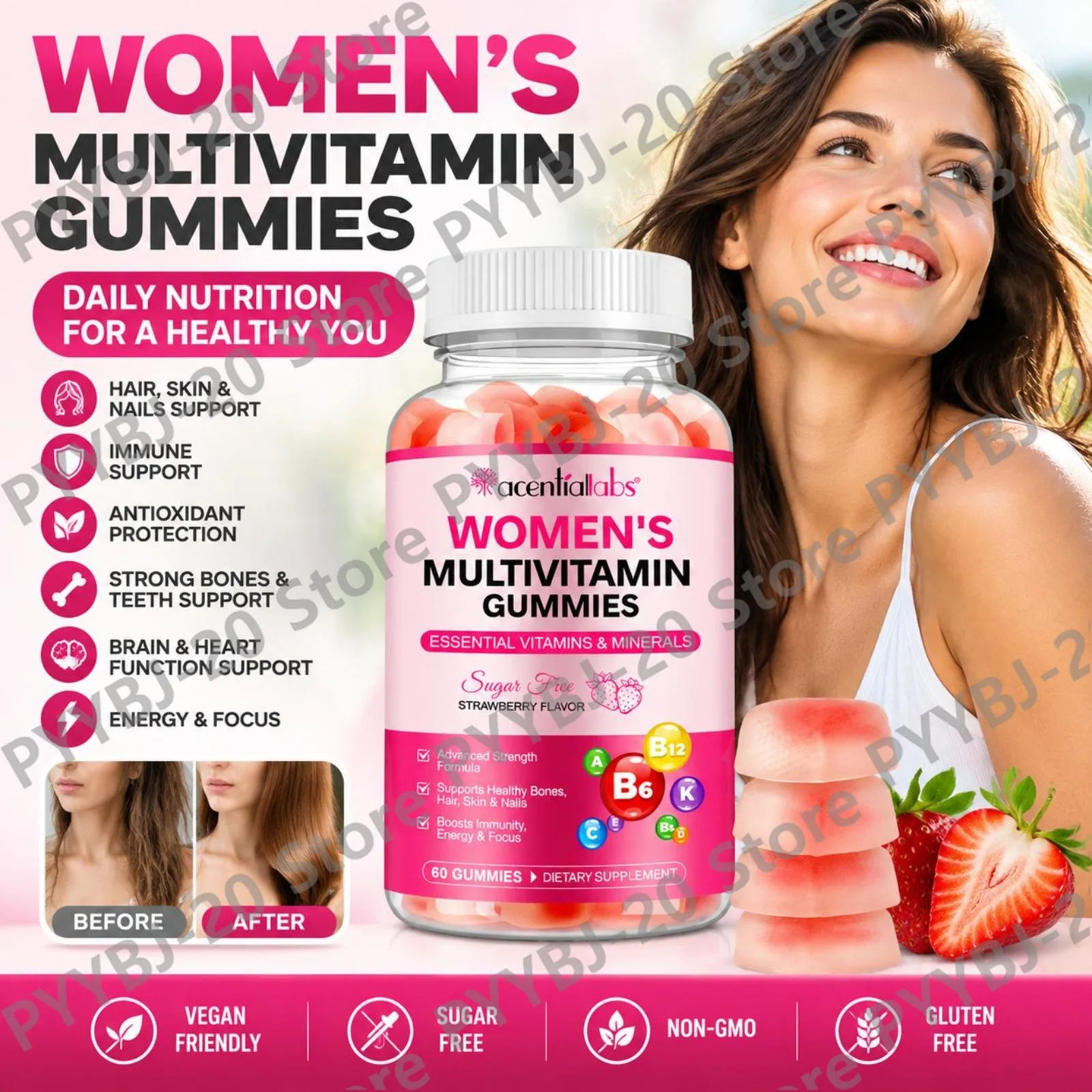 Acentiallabs Women's Multivitamin Gummies - Sugar Free Strawberry, Supports Hair Skin Nails, Immunity & Daily Energy 60ct