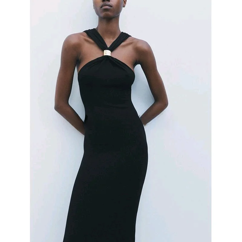 Primavera nova chegada feminina de malha ouro embelezado dr pendurado ne colarinho longo sve cintura alta bodycon vestido verão