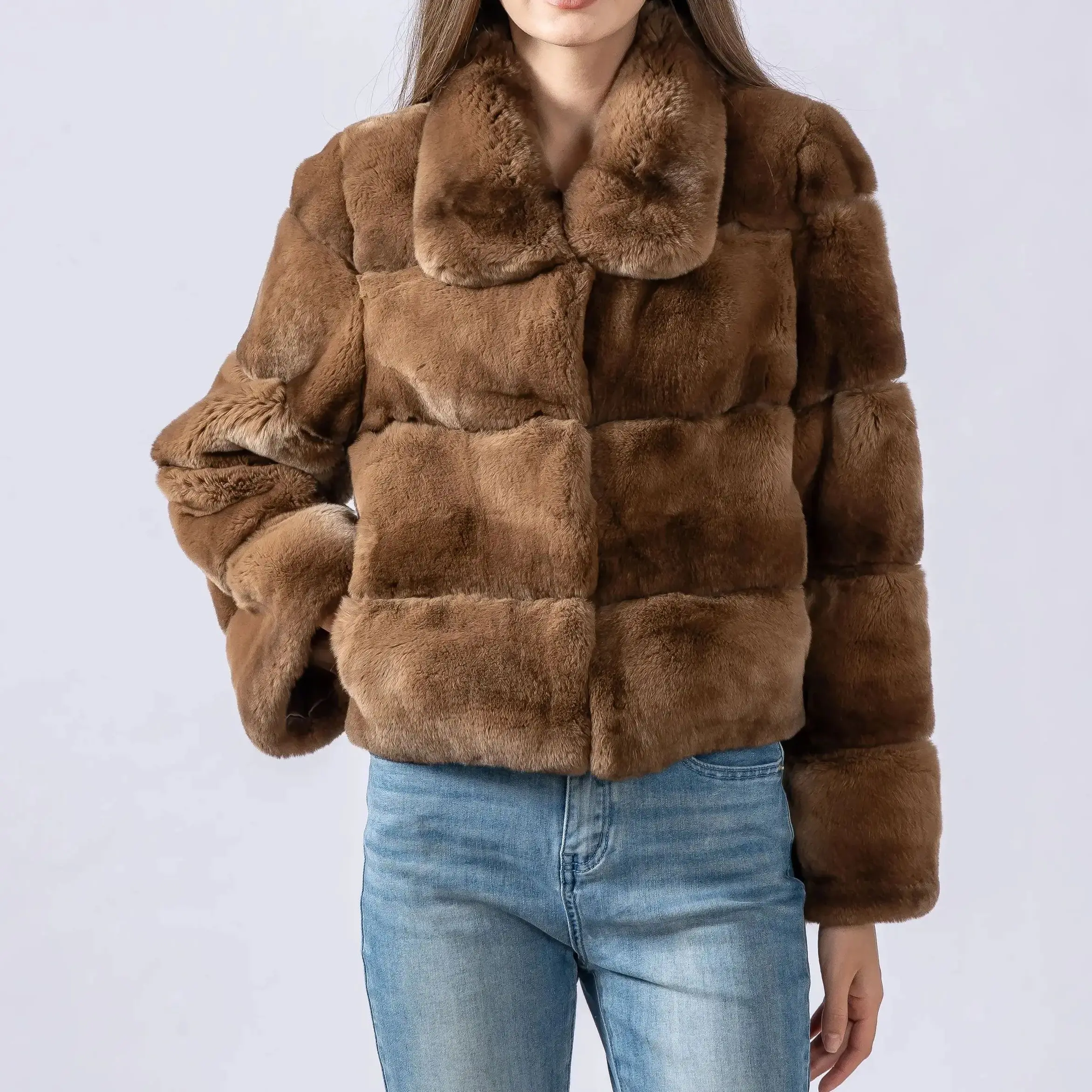 

real Rex rabbit fur short coat with turn down for women winter full-pelt jacket soft warm solid overcoat length 51 cm 250512