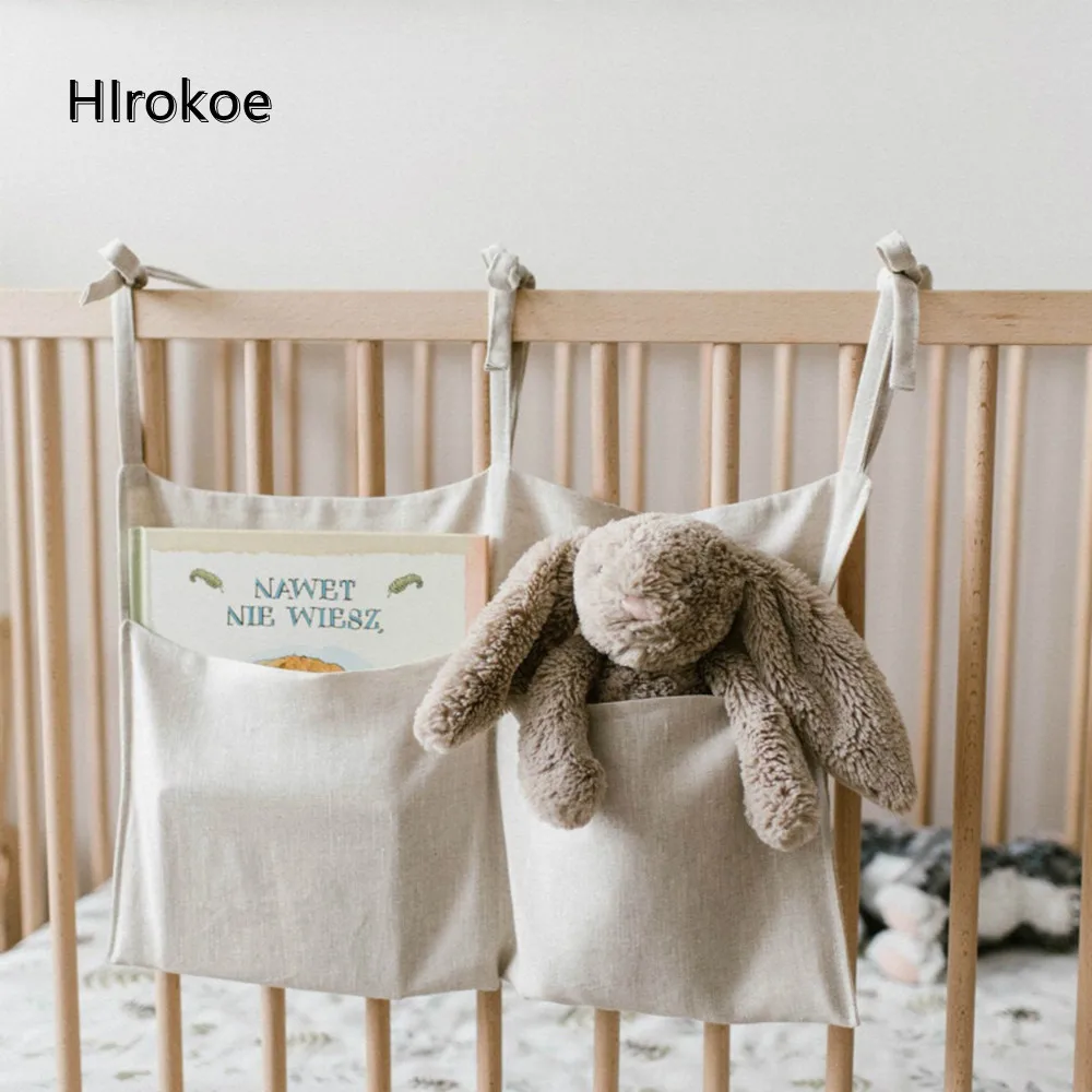 

Crib Storage Hanging Bag Linen Double Compartment Storage Hanging Bag Multifunctional Diaper Bag Towel Teething Toy Storage Bag