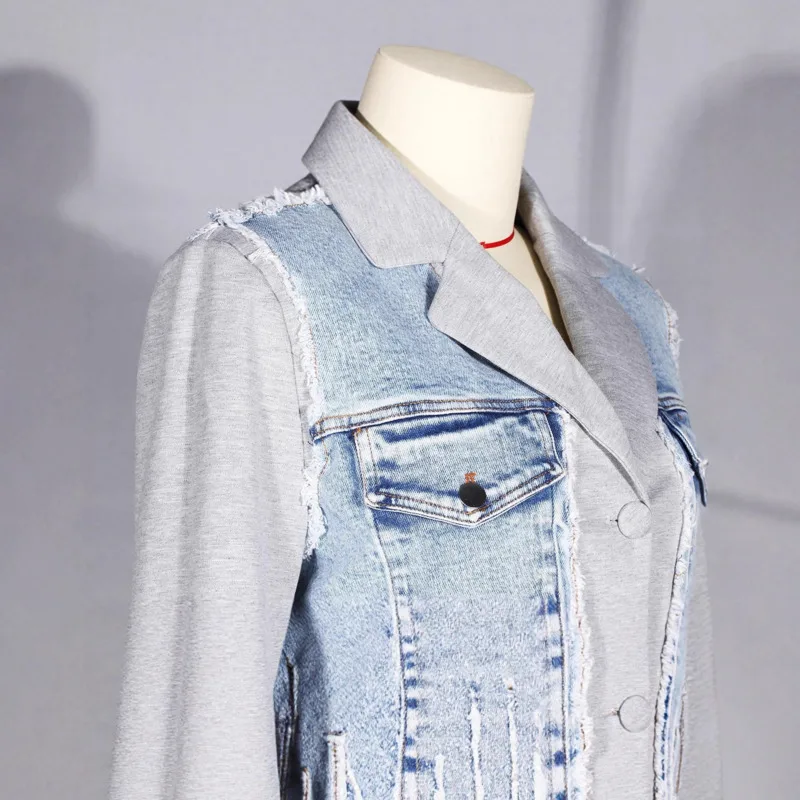 Anjy outono inverno novas mulheres high-end denim retalhos tendência blazer moda design exclusivo fino ajuste versátil jaqueta casual a13838