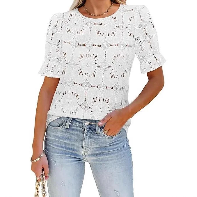 

Ele Sle Women's ort Sve irt Summer New Arrival Hollow out Knitted by Small Eye Hook Cotton Blend Thiened T-irt