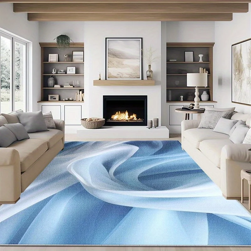 1‑Piece Light‑Blue Rug with White Wave Pattern, Easy‑to‑Clean Portable Floor Mat for Summer & Autumn, Suitable for Bedroom