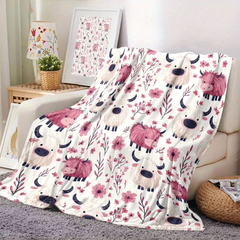 1pc Comfortable Highland Cow and Floral Print Blanket - Soft Flannel Throw for Home, Travel, Camping, and Office Decor - Adorabl