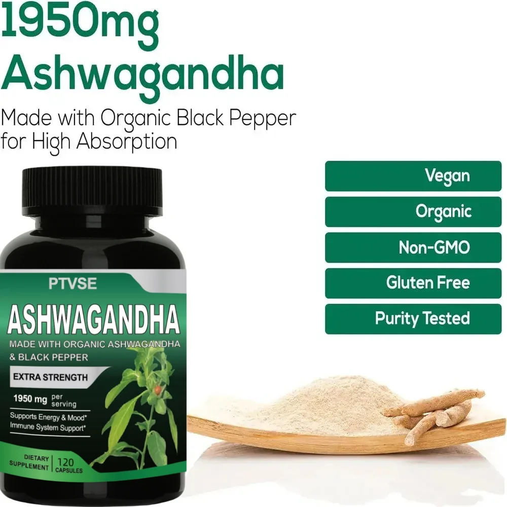 Ptvse แคปซูลสารสกัดจากราก Ashwagandha ออร์แกนิกบริสุทธิ์1950มก. ช่วยคลายเครียด, โฟกัส, สมอง, พลังงานสนับสนุนสุขภาพการนอนหลับ