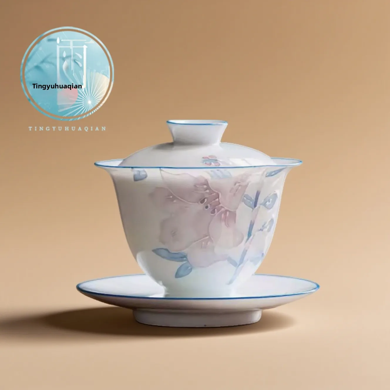 Hand-Painted Ceramic Tea Cup White Porcelain Underglaze Color Three-Axis Cover Bowl Tea Drinking Utensils Single Larkspur
