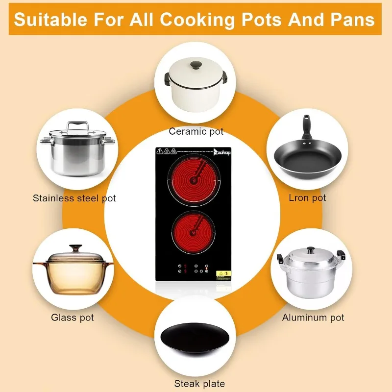 Winado Piano cottura elettrico in ceramica a 2 fuochi da 20 pollici, stufa a sommità piatta 220-240 V, piano cottura elettrico multifunzione con 9 livelli di riscaldamento