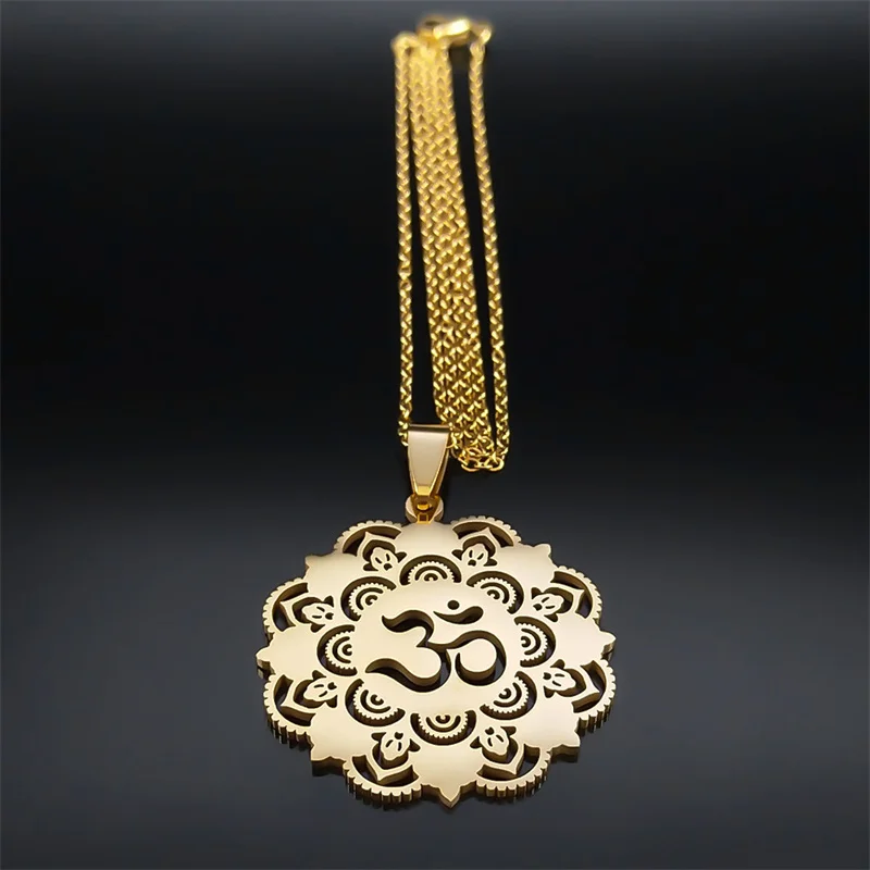 AUM OM Ohm flor budista hueco collar mujeres acero inoxidable chapado en oro geometría sagrada Mandala collares joyería N8082S04