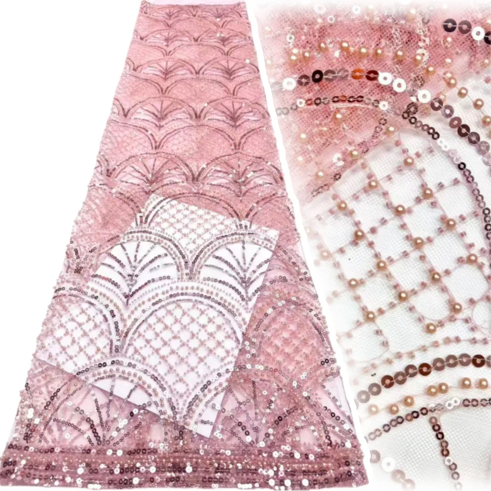 

2026 Red Latest African Beaded Lace Fabric High Quality French Sequin Lace Fabric Nigeria Mesh Tulle Wedding Dresses 5Yards 2230