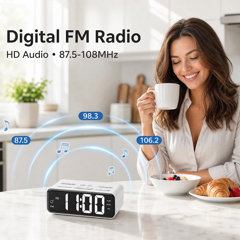 Digital Alarm Clock FM Radio Desk Clock with Dual Alarm Ambient Light Dimmable Display for Bedside Living Room Heavy Sleepers