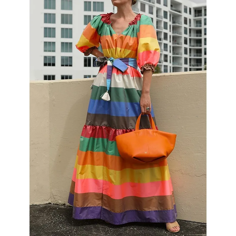 

Tinaa Striped Plus Size Dresses 2025 V Neck Contrasting Color Tied Waist Party Evening A-line Midi Womens Long Dress 184840