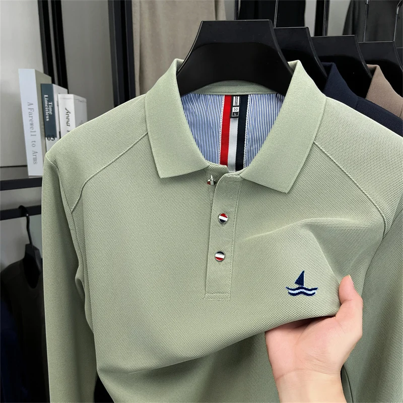 Designer-Stil Herren Langarm-Poloshirt mit Knopfleiste und Revers, Exquisites Muster-Stickerei, Herbst Neue Business-Casual Herrenbekleidung – Detail 15
