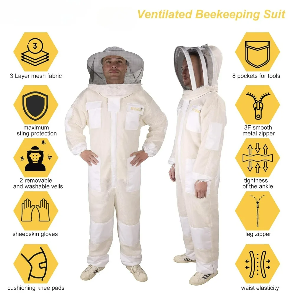 Ventilated Bee Suit, 3 Layer Sting-Proof Beekeeping Suit Beekeeper Suit for Men & Women with Gloves & 2 Beekeeping Veils