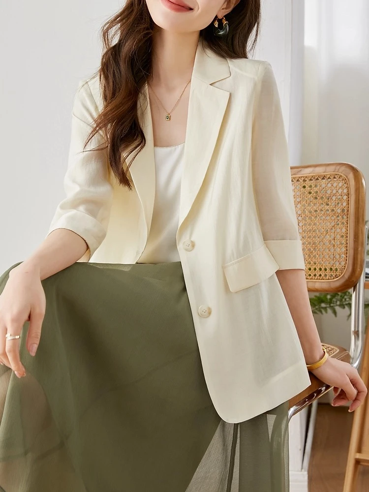 VIMLY Casual Lyocell Suit Blazer Donna 2025 Autunno Moda Trasparente Leggero Manica a tre quarti Office Ladies Blazer