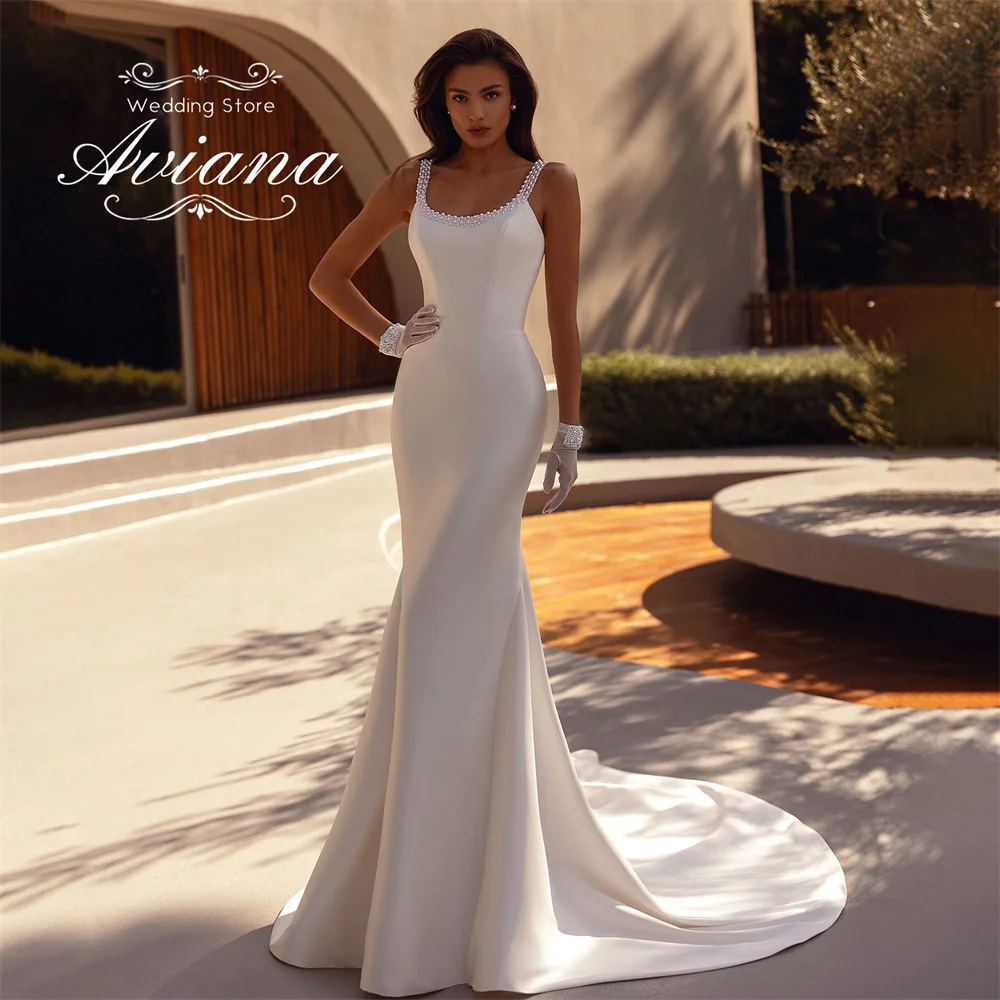 

Aviana индивидуальное свадебное платье русалки с жемчугом и бисером, скользящим шлейфом и квадратным вырезом, 2025 г., с открытой спиной, без рукавов, современное элегантное