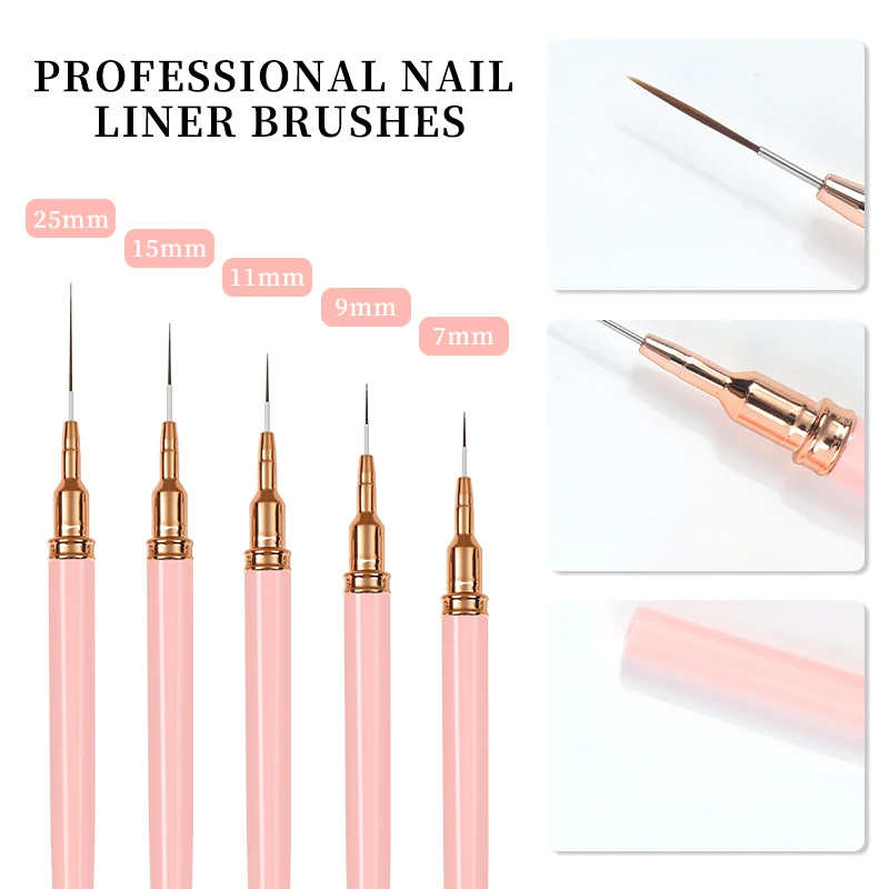 5PCS 7/9/11/15/25mm Nail Art Liner Brushes Kit Nail Gel Polish Brush Set Painting Lines Strips Drawing Nail Design Pen Tool