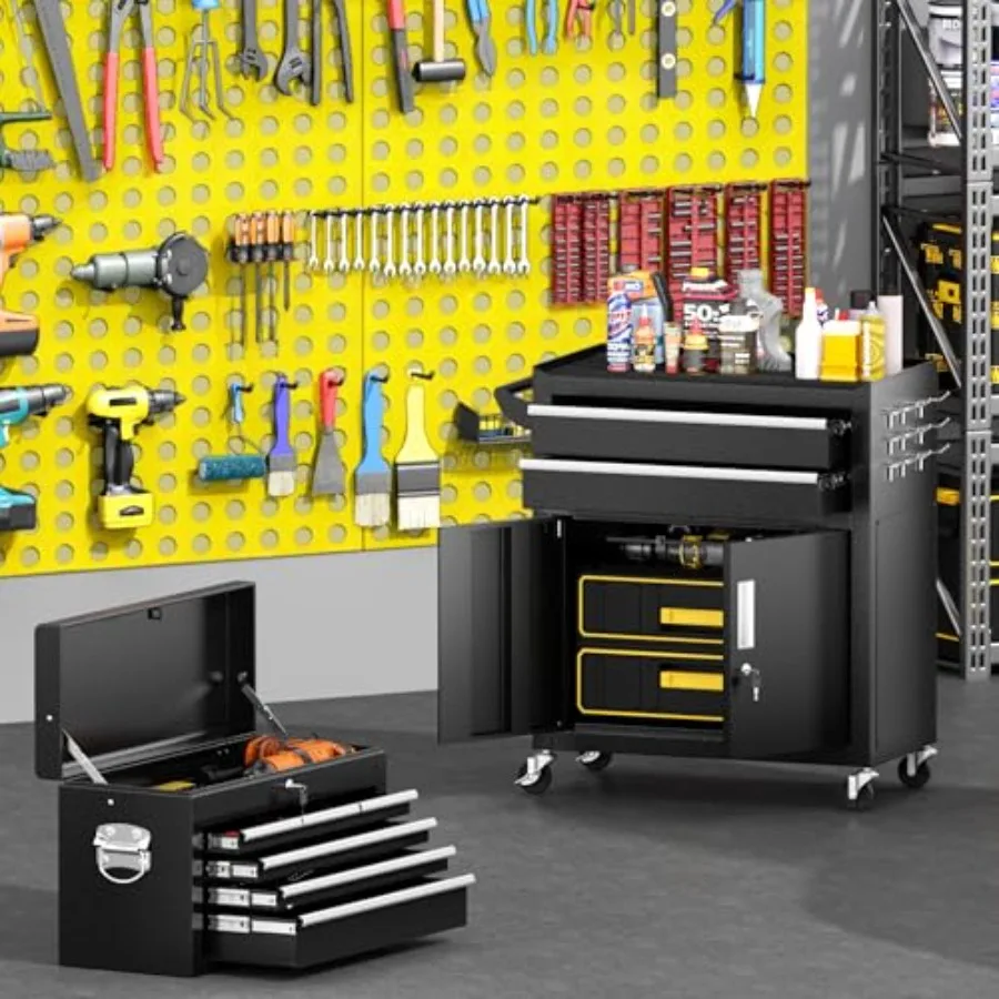Garage workshop repair room use: steel 8-drawer tool chest with wheels, black, pre-assembled rolling design with detachable top
