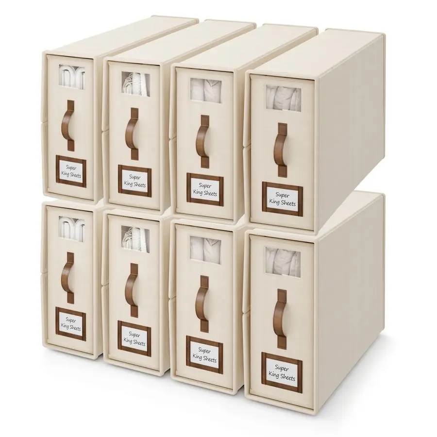 

Pack Foldable Bed Sheets Set Organizers and StorageCal King Size,Linen Fabric Closet Organizers with Window,Folding Bedding Stor