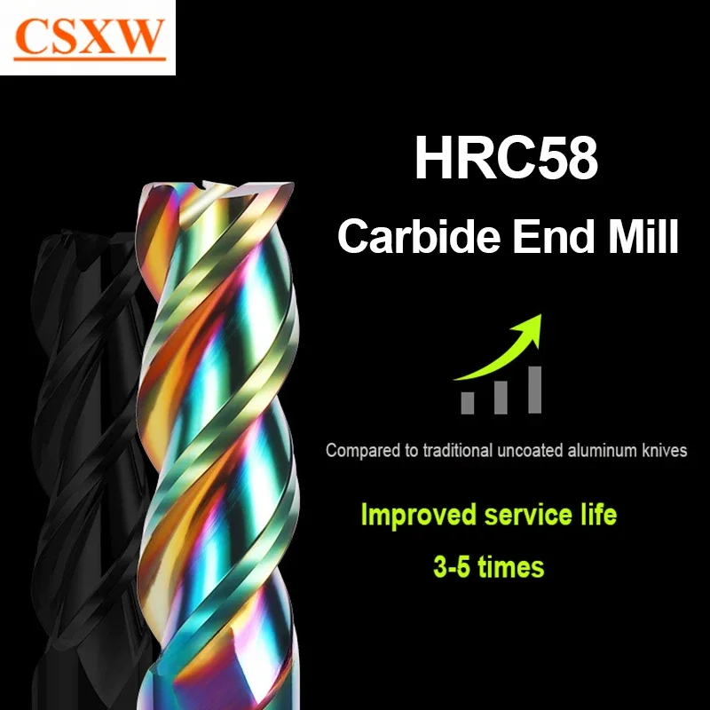 HRC58 End Mill Aluminium 3F Milling Cutter 6 8 12 20 Acrylic Wood Copper Plastic Cutting CNC Metal Steel Machining Tools Endmils