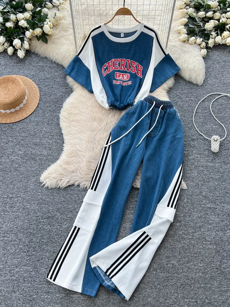 

Faionable Casual Matching Set Women's High Waist Wide Leg Pants And ort Sve Denim Top with Waist Cinching Tie