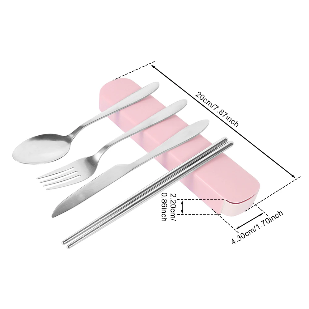 Portable Stainless Steel Cutlery 4pcs Set with Storage Box Chopstick Fork Spoon Knife for Travel Camping School Work Meals Carry