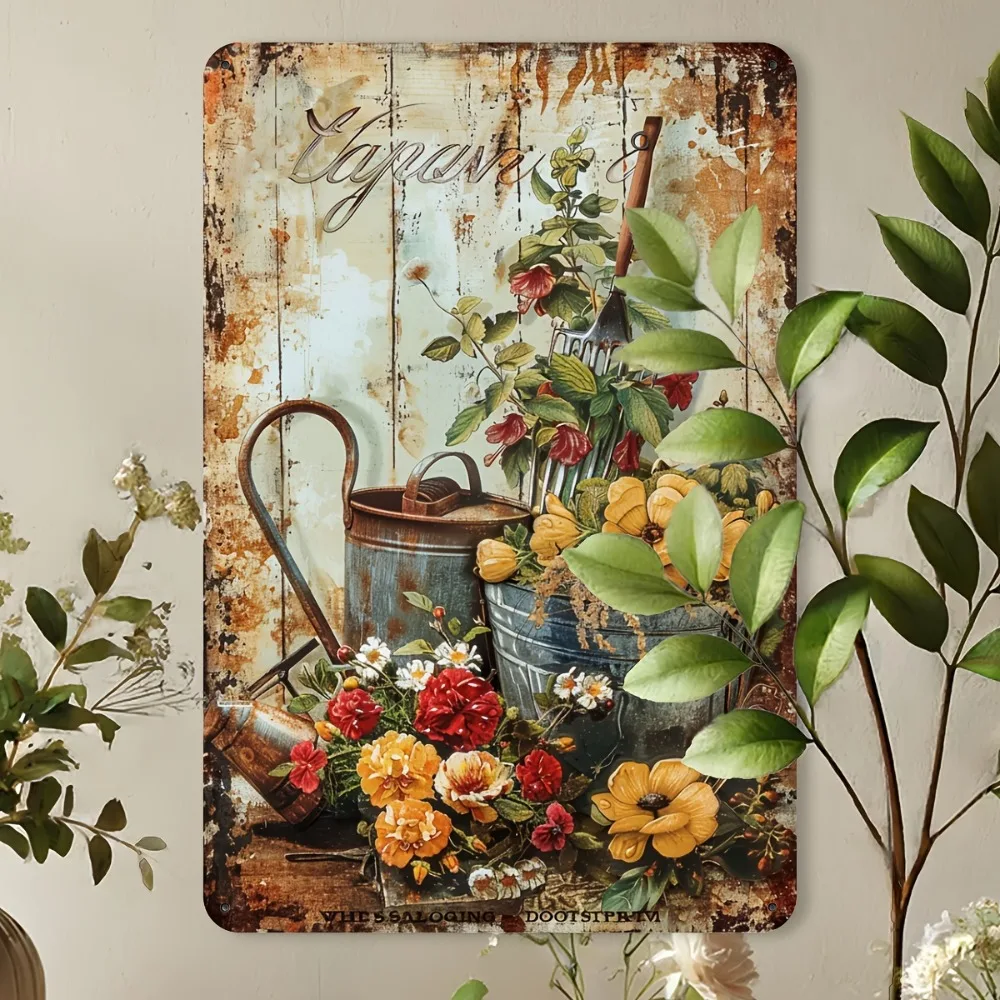 Vintage Metallschild mit Blumengarten-Motiv, Rustikale Eisenwandkunst 8x12 Zoll für Terrasse, Café & Heimdekoration