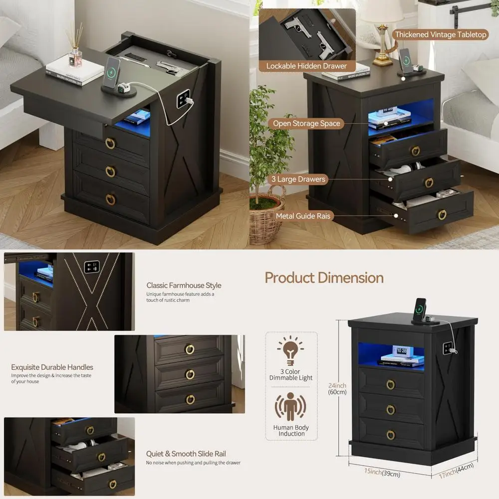 Rustic Wood Nightstand with Human Sensor LED Lights, Charging Station, and Gun Drawer for Bedside Use