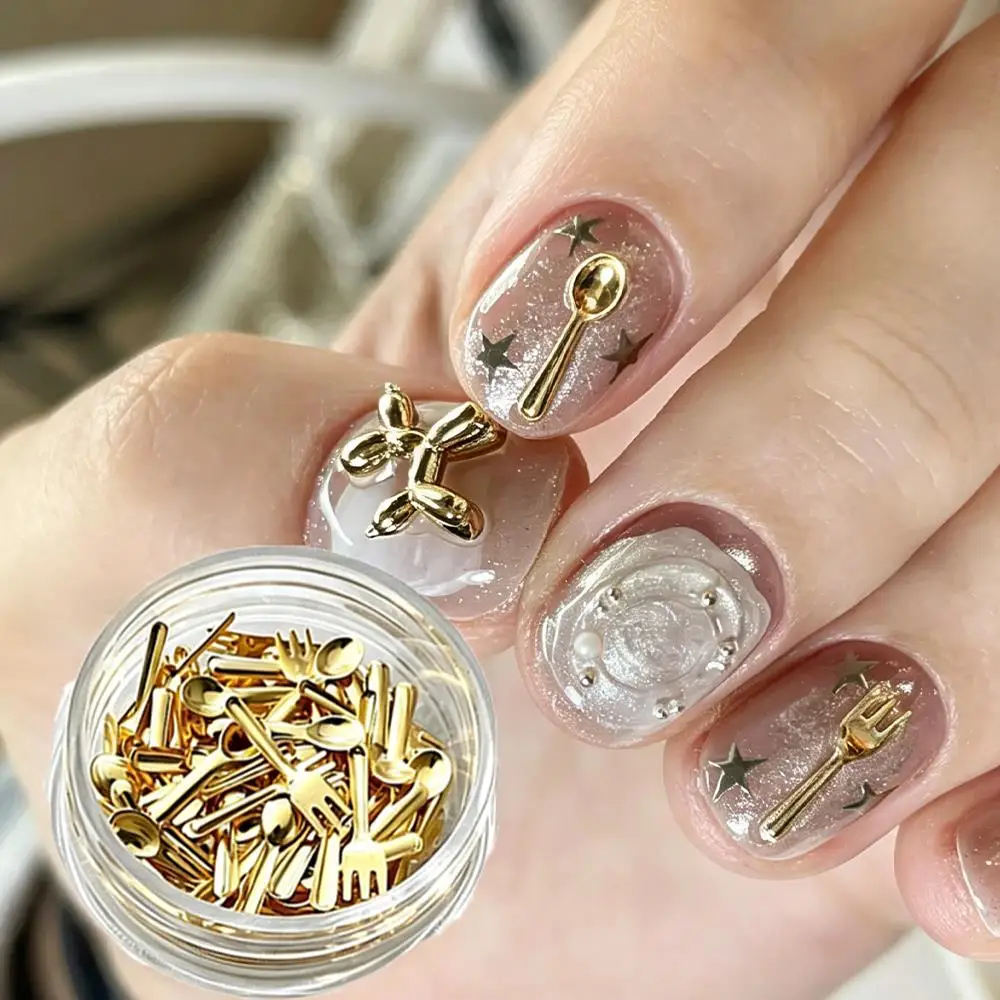 50/100Pcs 3D Mini Fork Spoon Nail Charms Gold Silver Alloy Tableware Series Nails Art Decoration Korean Style Manicure Accessory