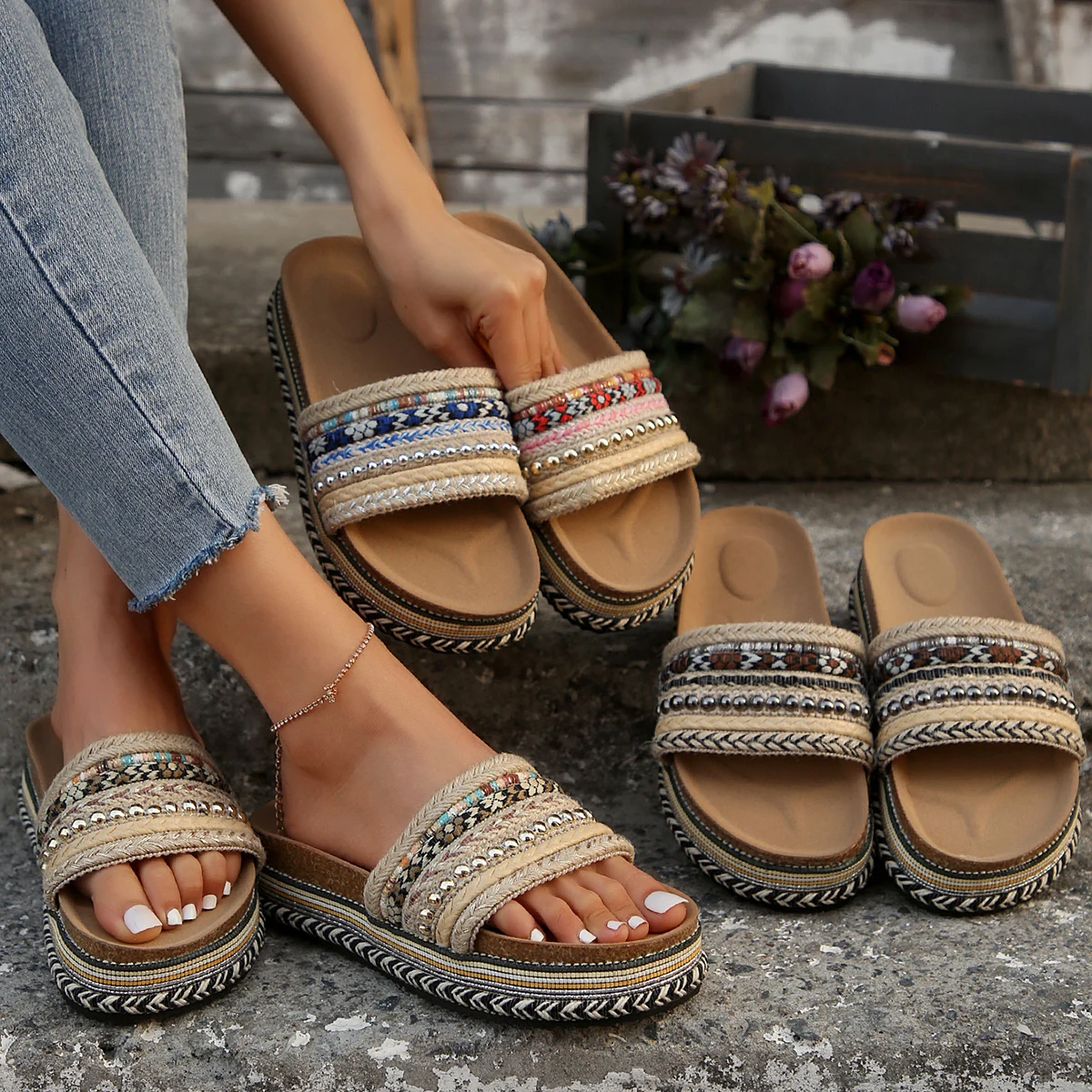 Sandálias de verão para mulheres, sapatos plataforma, casuais, planas, de salto alto, boêmias, feitas à mão, alpercatas, novo design