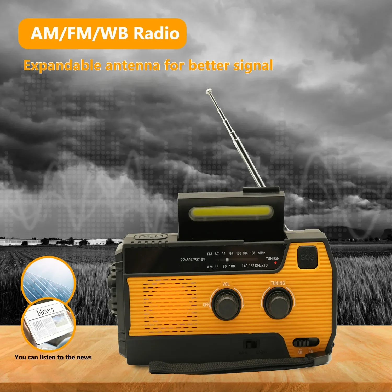 راديو الطقس القابل لإعادة الشحن 4000 مللي أمبير في الساعة كرنك اليد الشمسية المحمولة AM/FM/NOAA استقبال راديو الطوارئ مع مصباح يدوي ومصباح القراءة