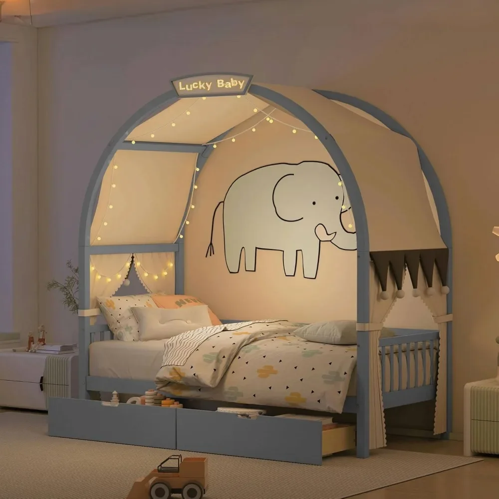 Twin Floor Bed with Arched Roof and 2 Drawers, Light Strip and Upholstered Headboard Kids Bed Frame, Wood House Bed Frame