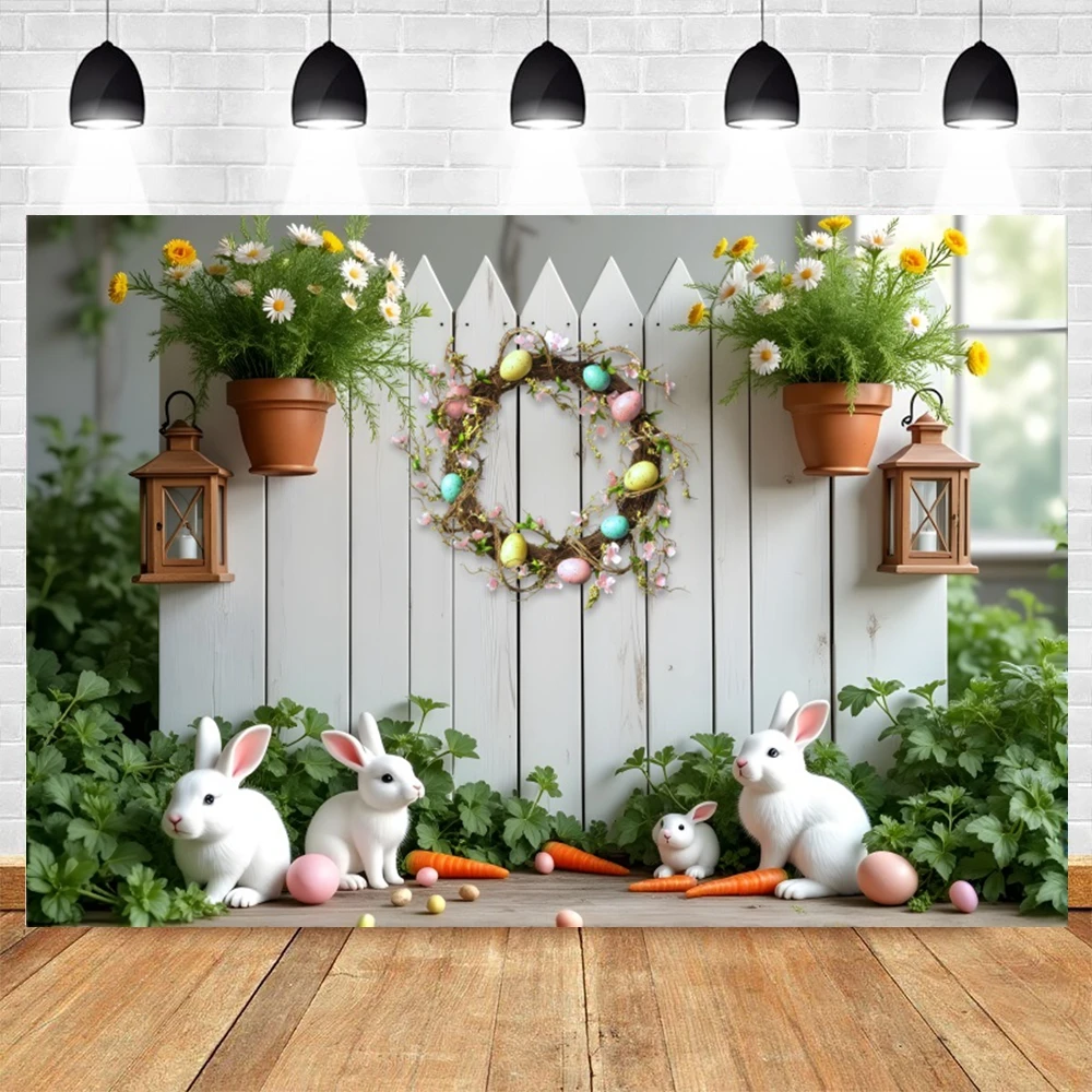 Spring Easter Photo Backdrop Easter Egg Rabbit Carrot White Fence Photography Background Baby Shower Easter Party Decor Banner