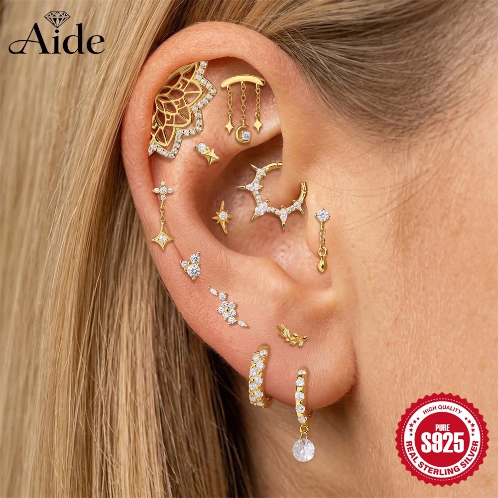 AIDE 925 Sterling Silber Stern-Mond-Anhänger mit Quaste für Damen, Skelettierte Lotusblume, flacher Rücken, Piercing-Ohrring, Partygeschenke