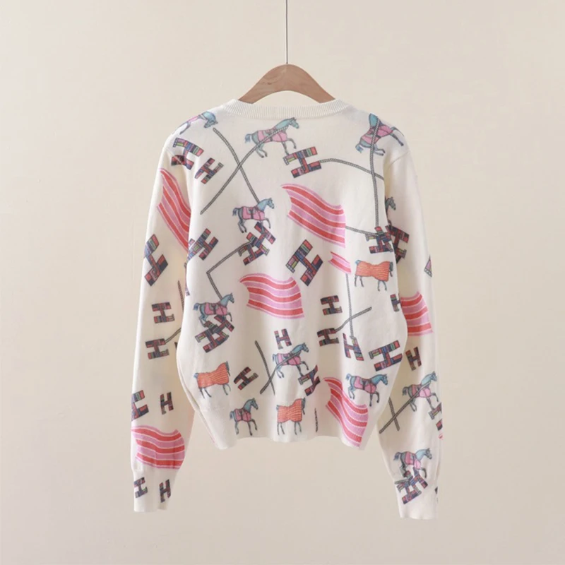 Rainbow H Horse Letter Knit Cardigan Women Sweater Tops Printed Pattern Coat Luxury Brands Spring Autumn Winter Female Clothing