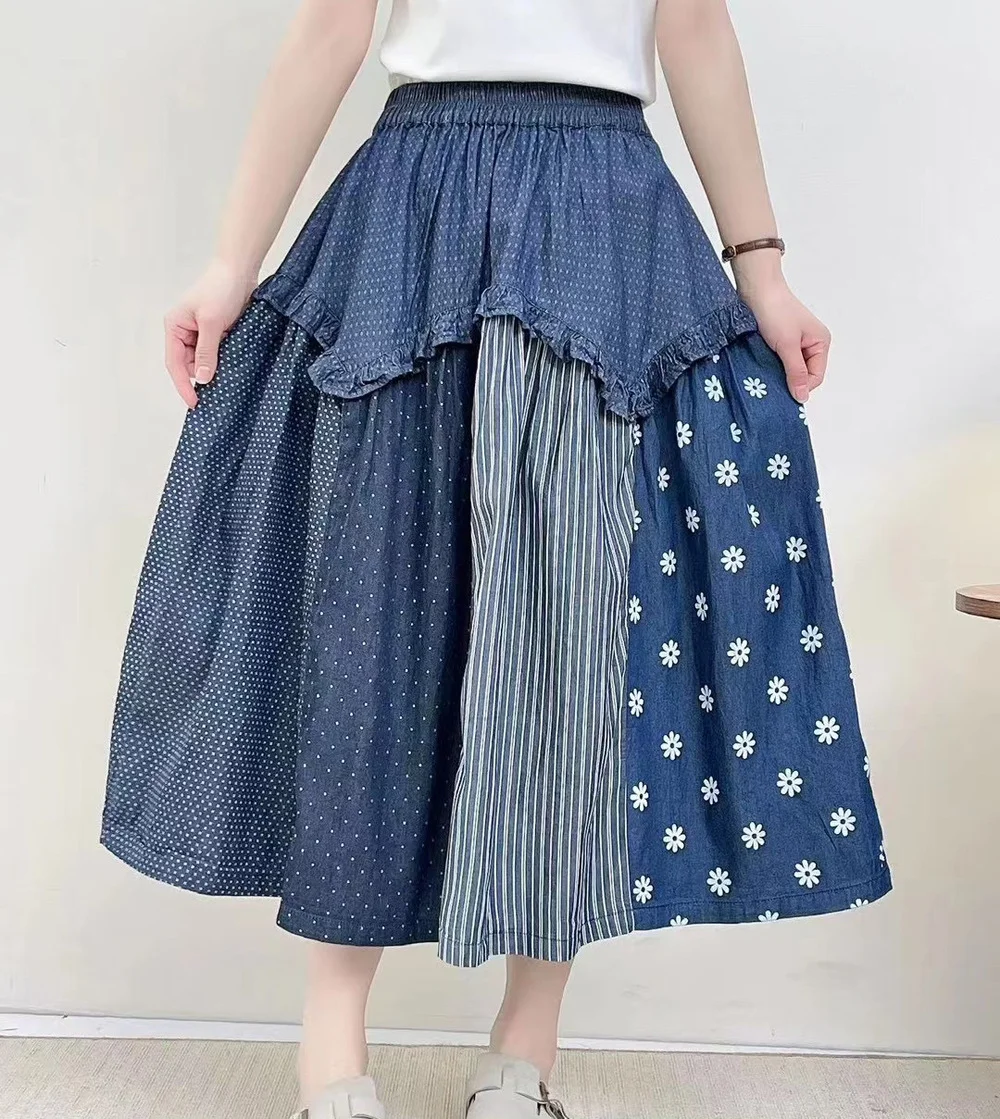 Rok panjang Denim mode Harajuku rok panjang wanita musim semi musim gugur rok jins ruffle motif garis tambal sulam panjang gaya Jepang