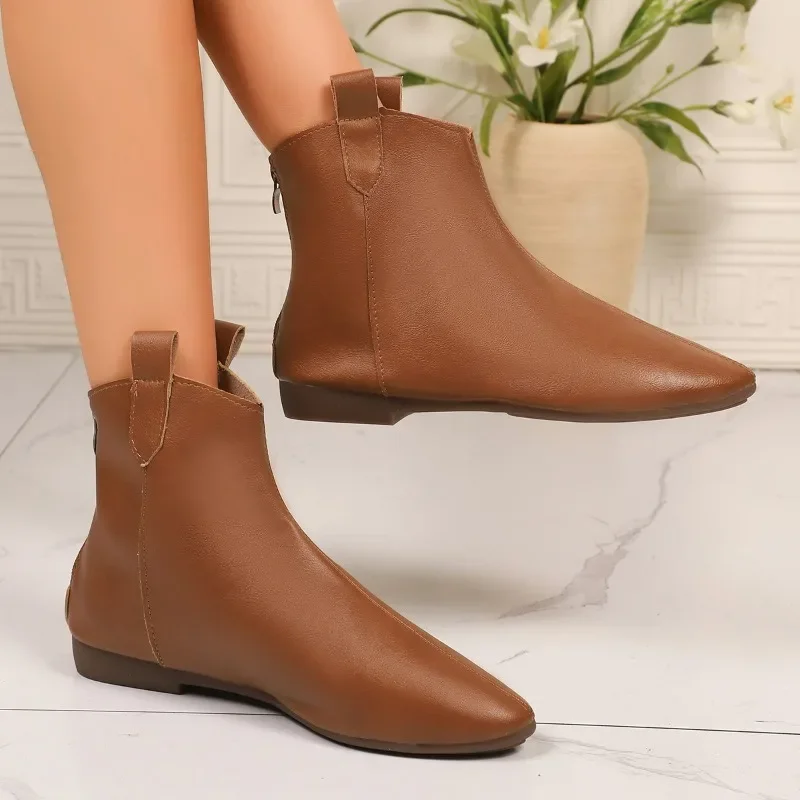 

2025 новые модные женские винтажные ботильоны, осенние модные одинарные ботинки из мягкой кожи с острым носком и молнией сзади