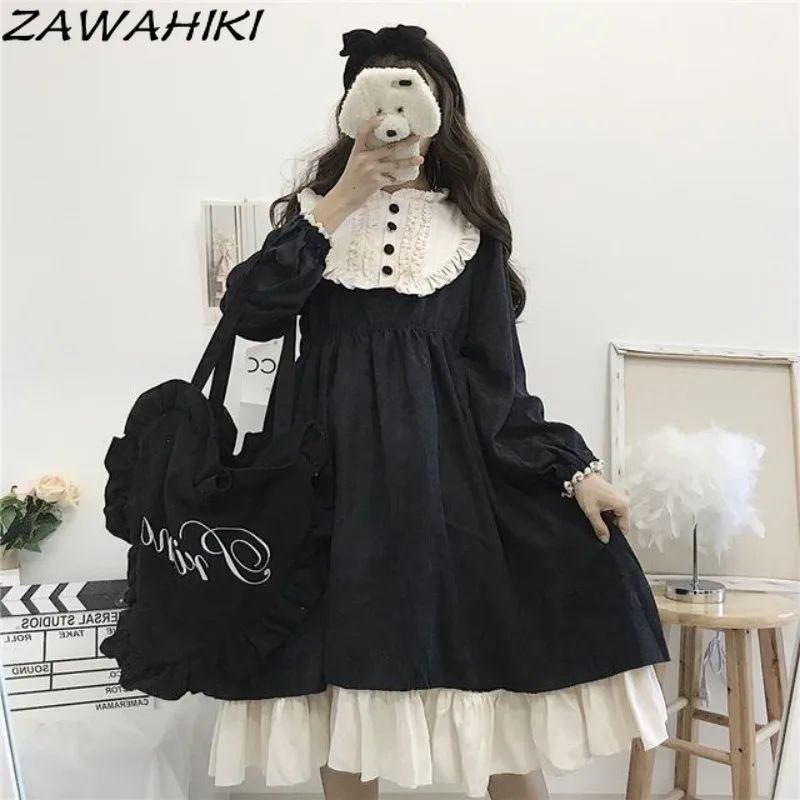 

ZAWAHIKI Dress for Women Japanese Sweet Patchwork Contrast Color Loose Casual Long Sleeve Vintage Versatile Vestidos De Mujer