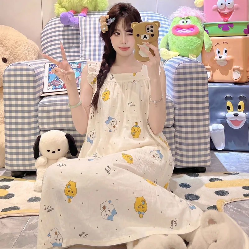 Chiikawa Summer Sleeveless Nightgown Cute Cartoon Print Long Night Dress Loose Casual Loungewear Sweet Girl Home Wear Pajamas