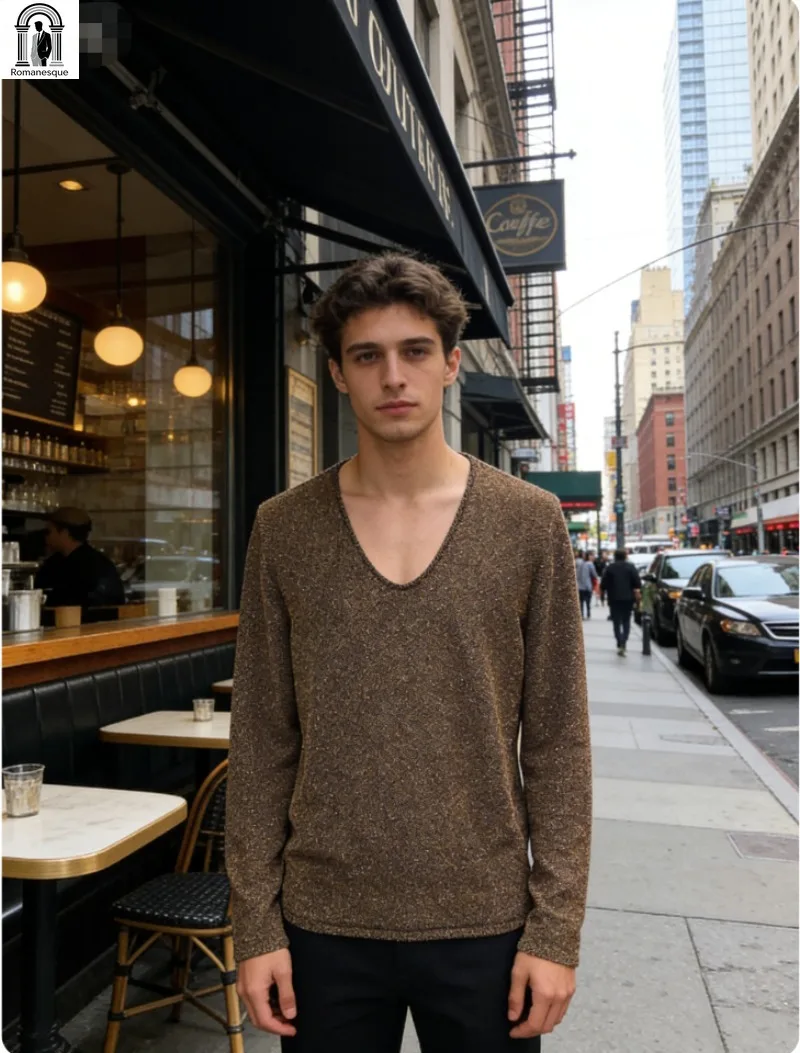 Golden Shimmer Party T-shirt Men's Fashion Casual Long Sleeve Tops Streetwear Loose Fit Pullover Sweatshirt Hip Hop Style