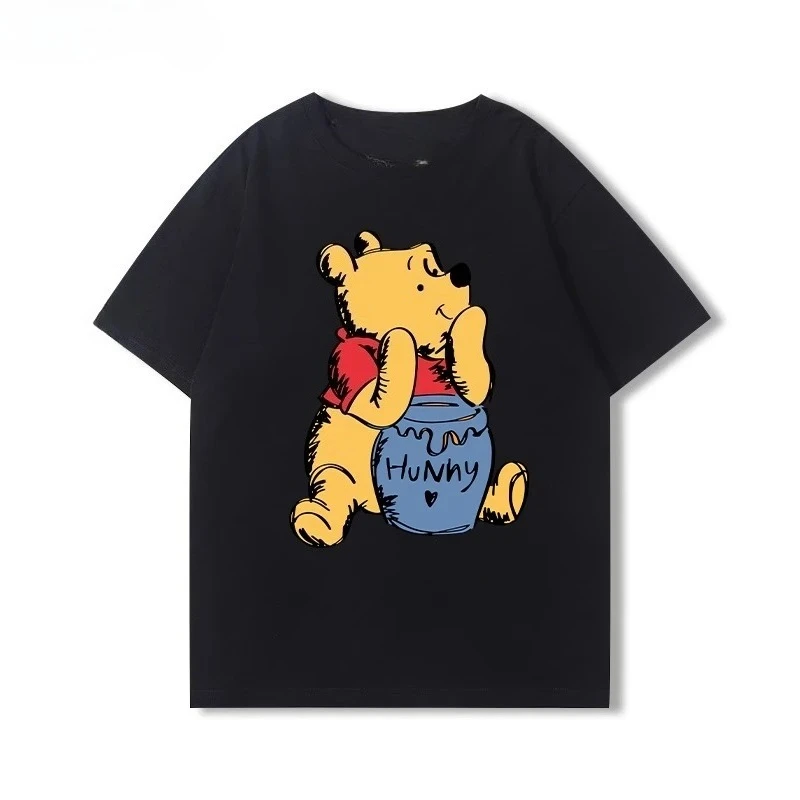 Cute Hiking Yellow Bear Print White T-shirt,Cotton Casual Tee With Stick Backpack Graphic For Daily Wear Outdoor Trip Activities