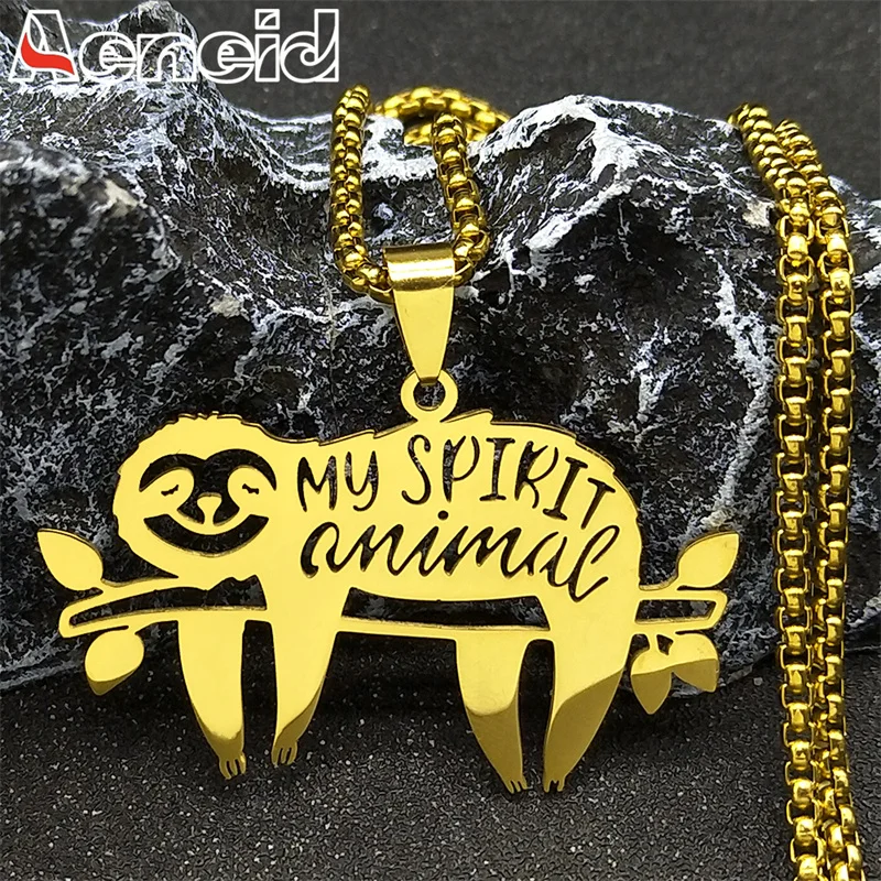 My Spirit Animal Sloth Pendant Necklace for Women Men Stainless Steel Gold Color Hollow Necklaces Fashion Jewelry Party Gifts