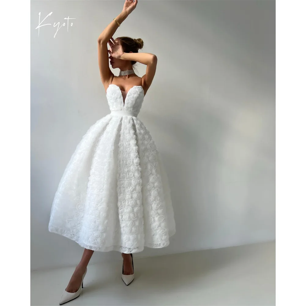 

Kyoto Customized 3DRoseFloral Heart-shaped Neck Wedding Dress Spaghetti StrapAnkle-Lengthفستان زفافWaist BallGown Abito da sposa