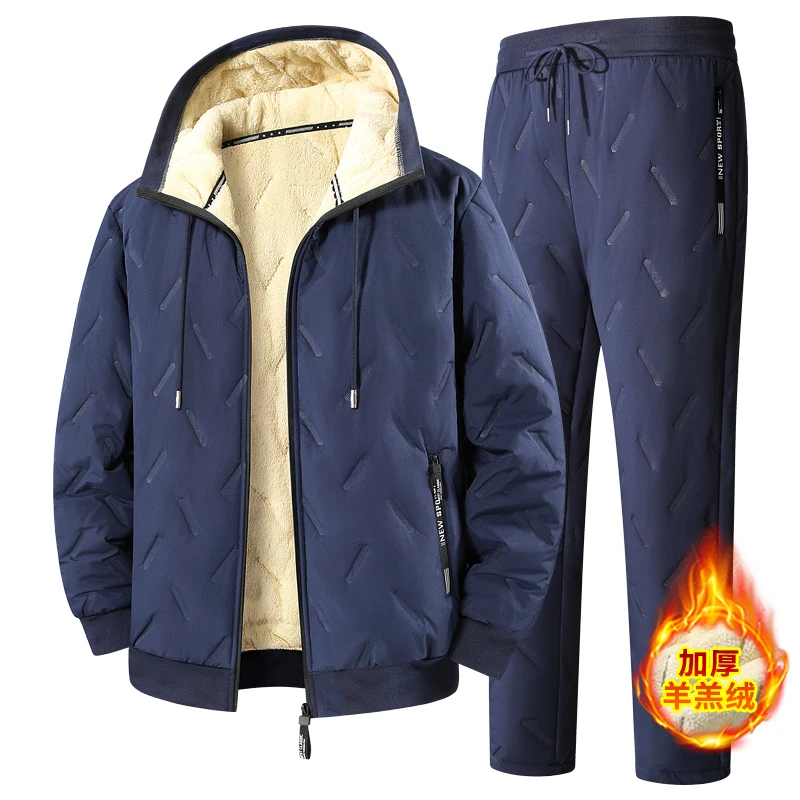 Men's Lamb Fleece Lined Tracksuit Winter 2Pcs Quilted Hooded Coat + Jogger Pants Sets Men Warm Winter Casual Thermal Outfit Sets