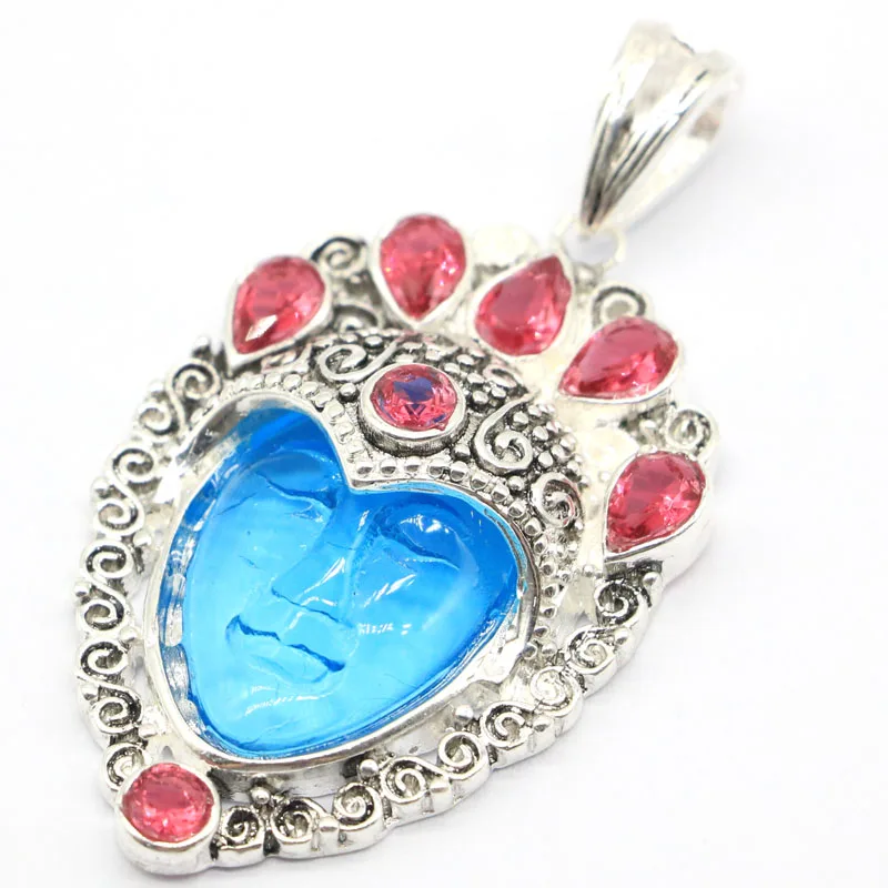 53x28mm Eye Catching 16.4G Goddess Face Aqua Quartz Pink Raspberry Rohdolite Garnet Women Dating Sliver Pendant