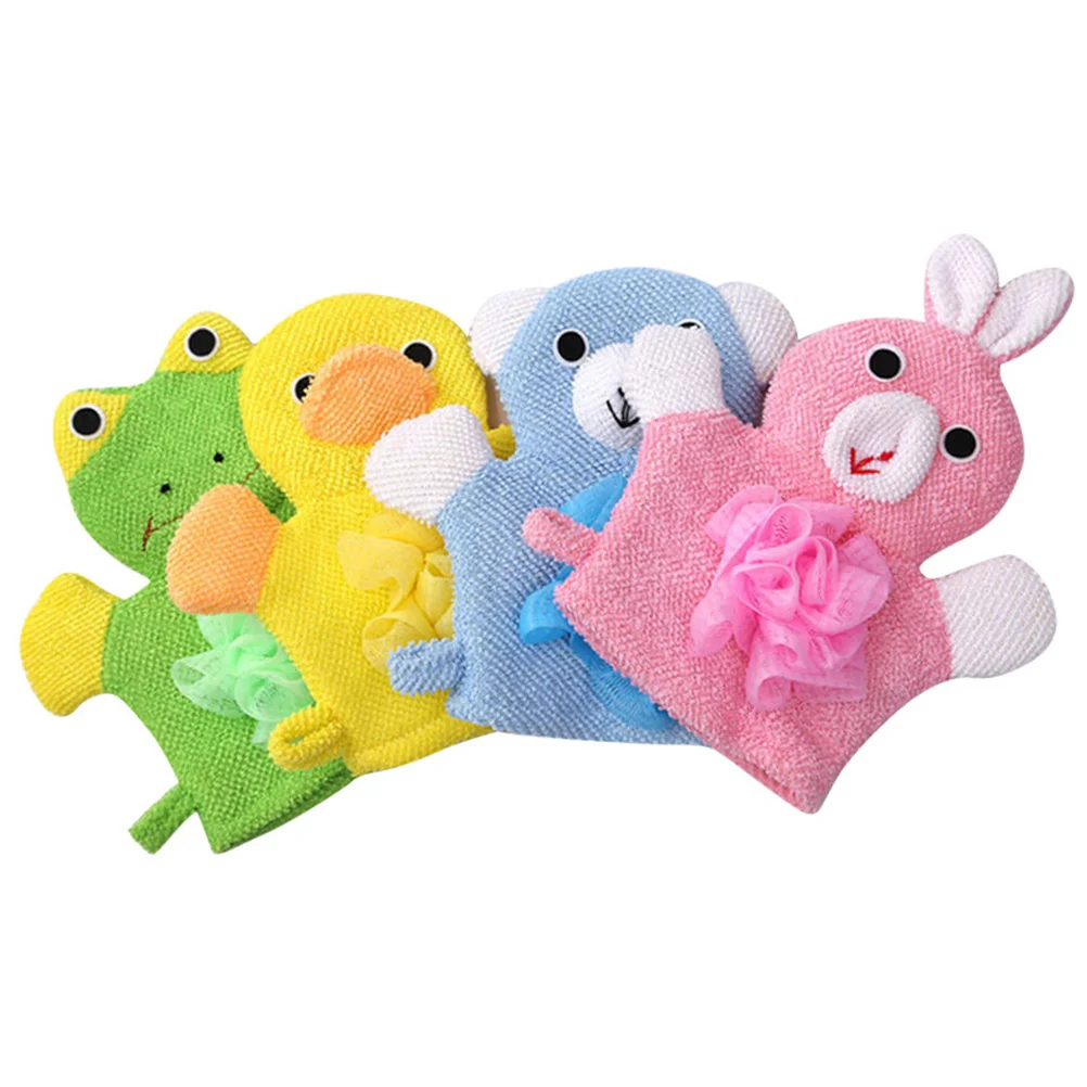 

4Pcs Baby Bath Scrub Gloves Cartoon Style Kids Exfoliating Cleaning Mitts for Body Arms Legs Chest Shower Use Bath Gloves