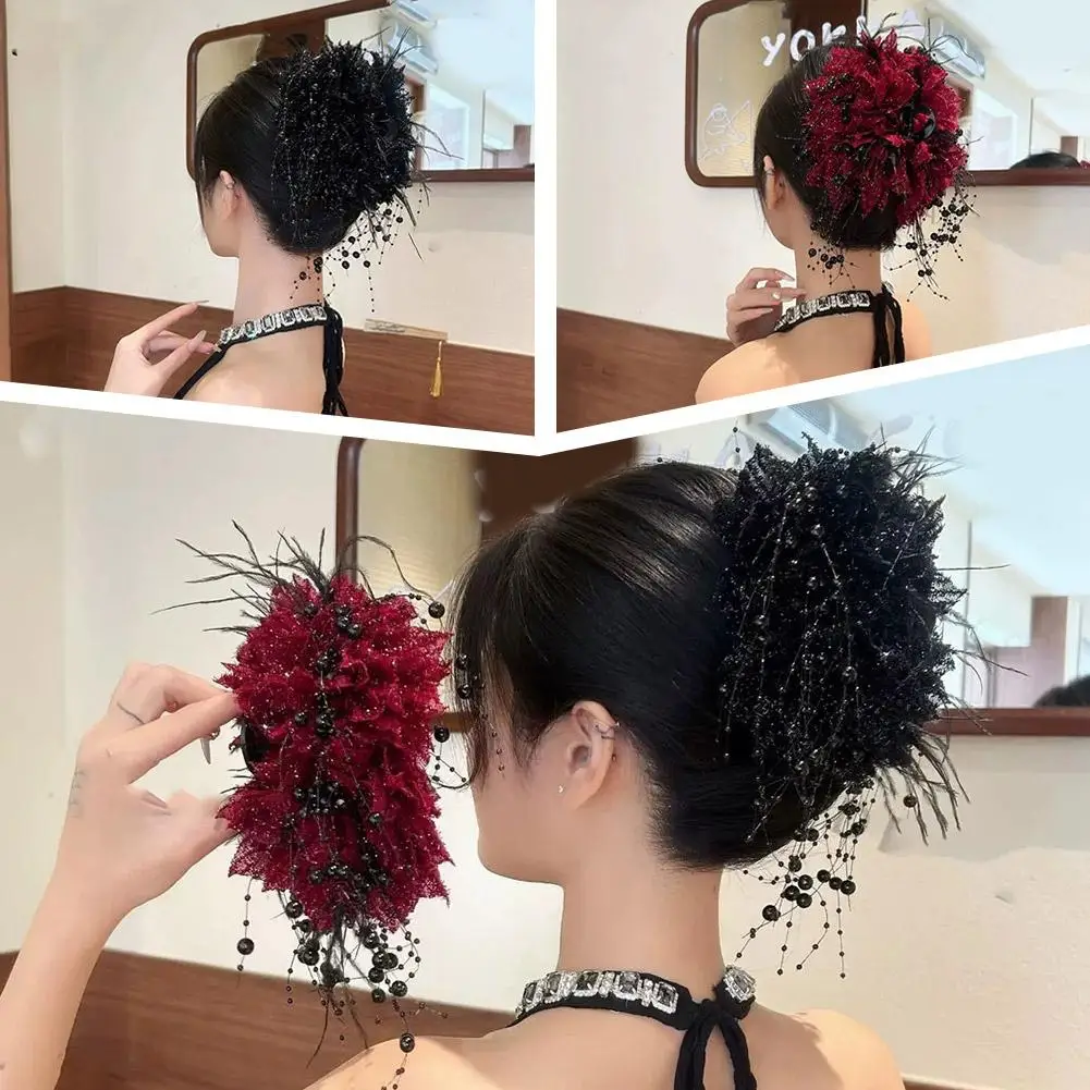 Vintage Hong Style Shiny Flower Clip Retro Versatile Accessories Clip Bright Silk Big Elegant Hair Feather Shark Fashion R1B9